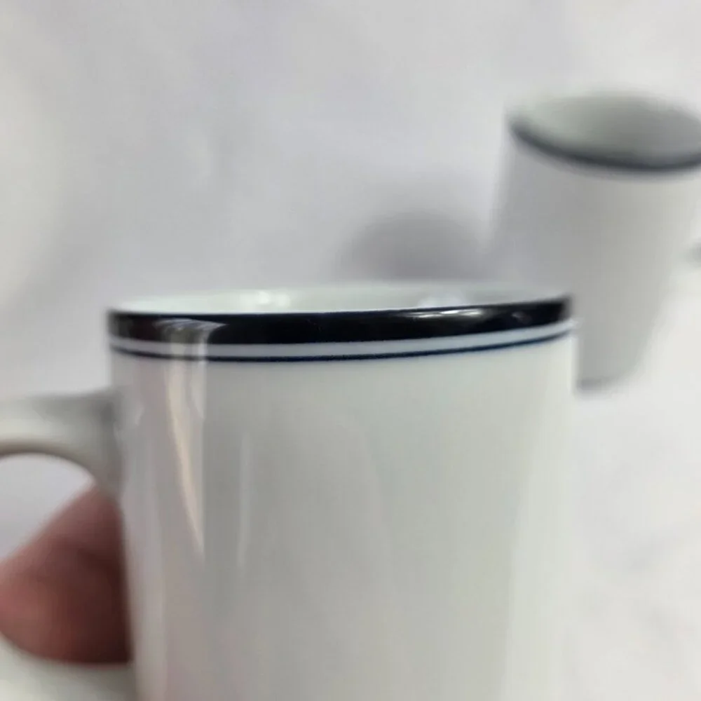 TWO Dansk Allegro Blue Mugs White with Two Blue Bands on Rim